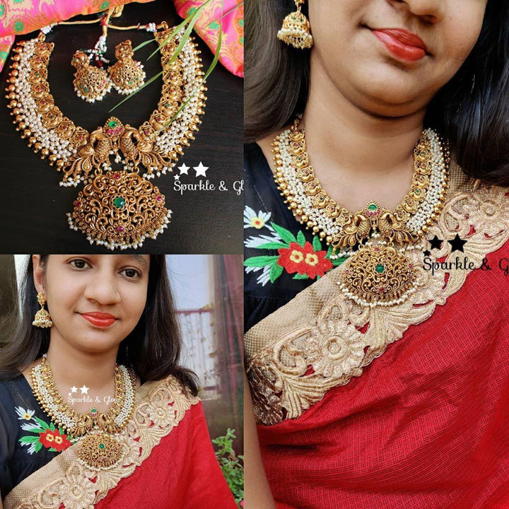 Gold alike antique polish pearl cluster peacock necklace - Pearl Multi - Sparkle and Glow