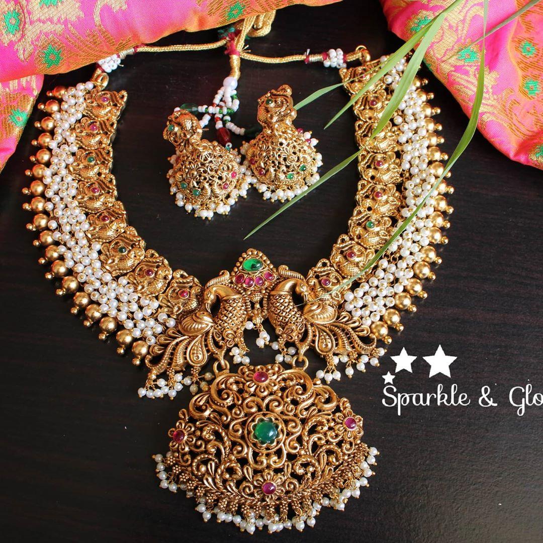 Gold alike antique polish pearl cluster peacock necklace - Pearl Multi - Sparkle and Glow
