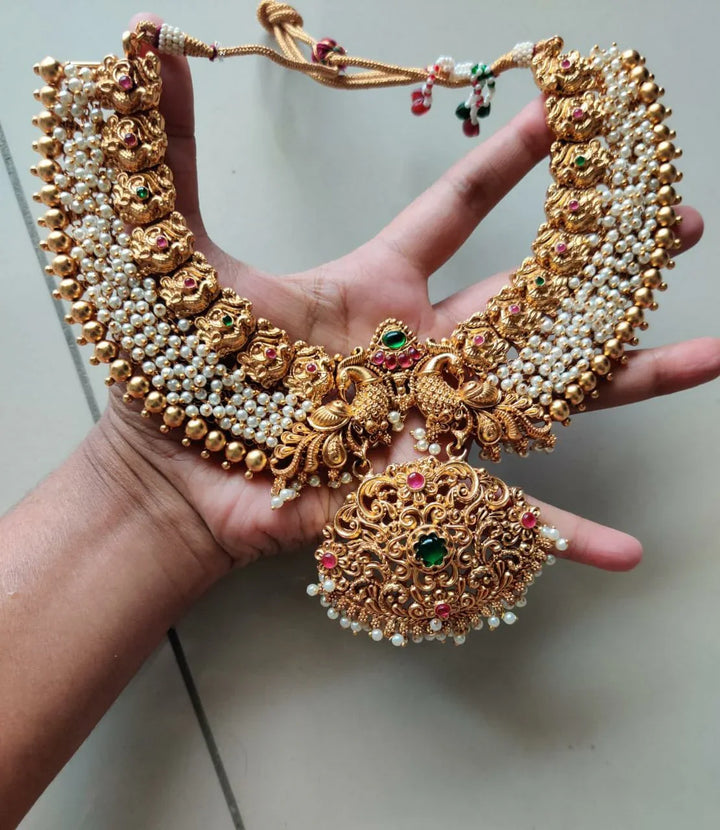 Gold alike antique polish pearl cluster peacock necklace - Pearl Multi - Sparkle and Glow