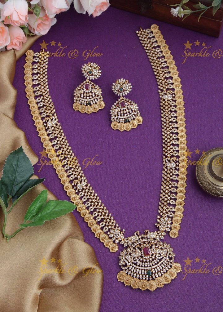 Beautiful American Diamond Peacock Kemp Lakshmi coin long necklace