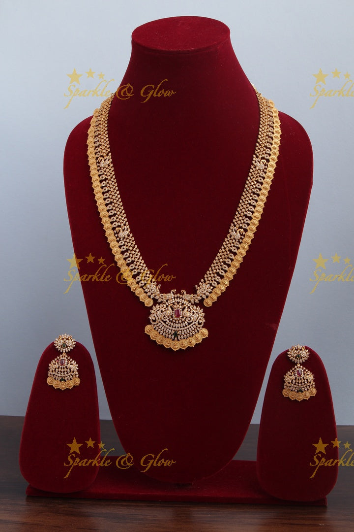 Beautiful American Diamond Peacock Kemp Lakshmi coin long necklace