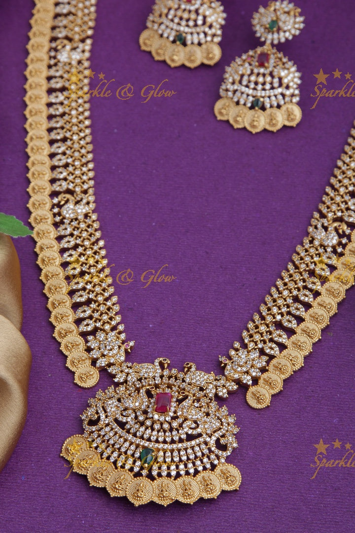 Beautiful American Diamond Peacock Kemp Lakshmi coin long necklace