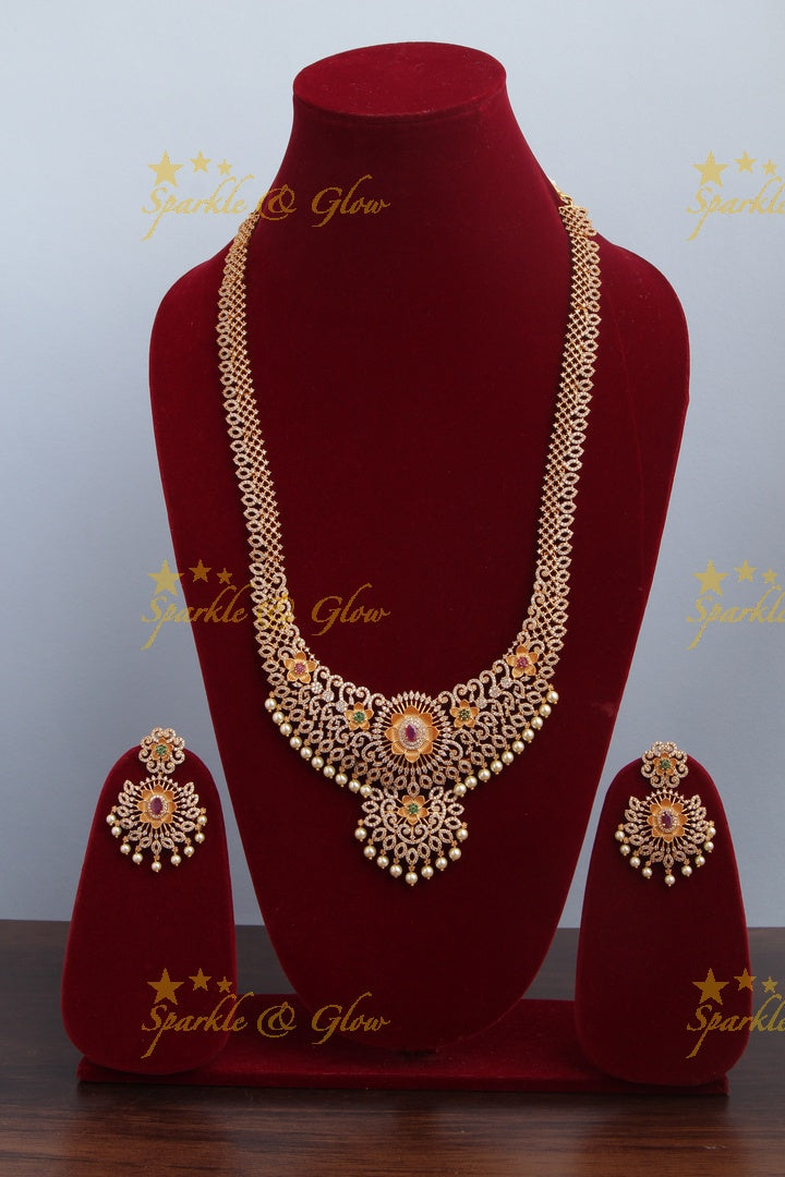 Premium matte American Diamond Floral Long Necklace