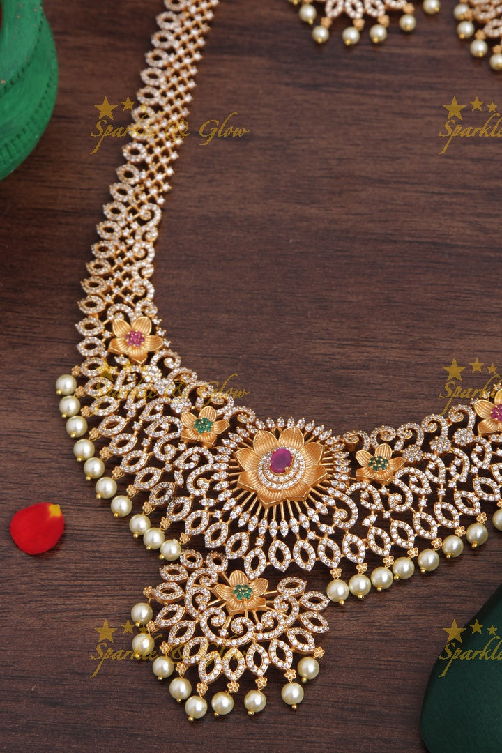 Premium matte American Diamond Floral Long Necklace