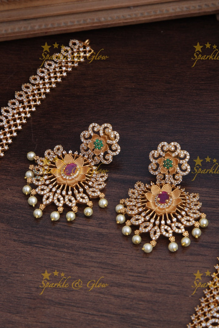 Premium matte American Diamond Floral Long Necklace