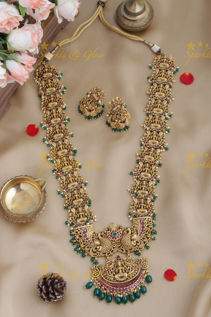 Premium matte Grand Lakshmi gutta pusalu haram - Gold Green Bead