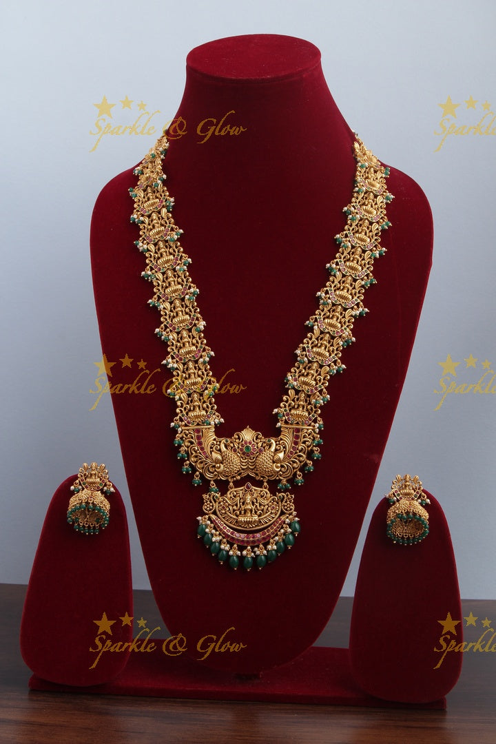 Premium matte Grand Lakshmi gutta pusalu haram - Gold Green Bead