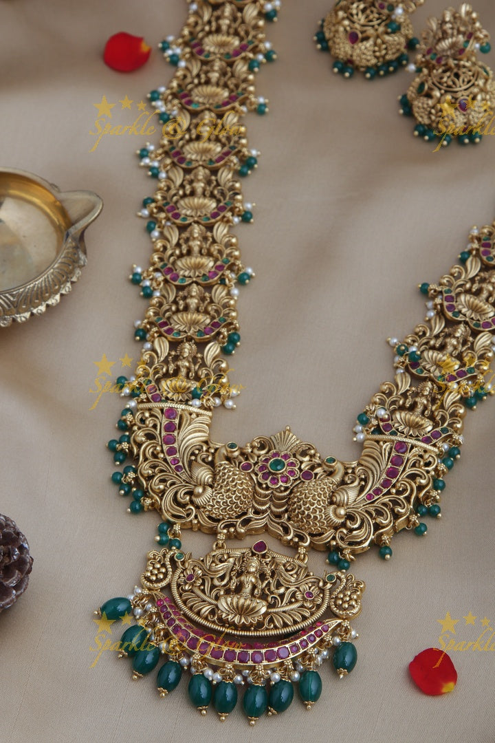 Premium matte Grand Lakshmi gutta pusalu haram - Gold Green Bead