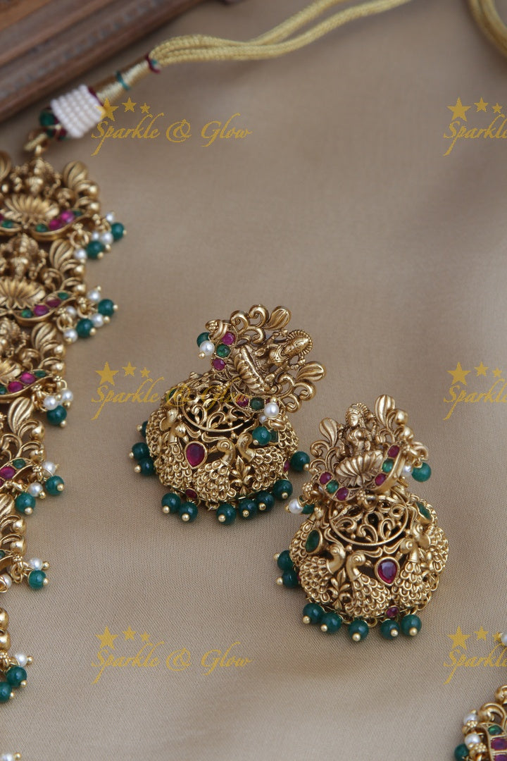 Premium matte Grand Lakshmi gutta pusalu haram - Gold Green Bead