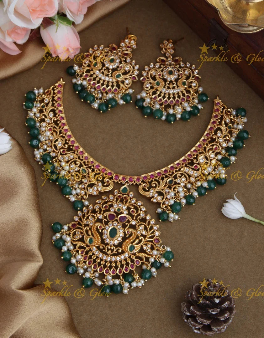 Beautiful cz and kemp stones peacock necklace - Sparkle and Glow