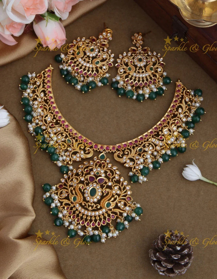 Beautiful cz and kemp stones peacock necklace - Sparkle and Glow