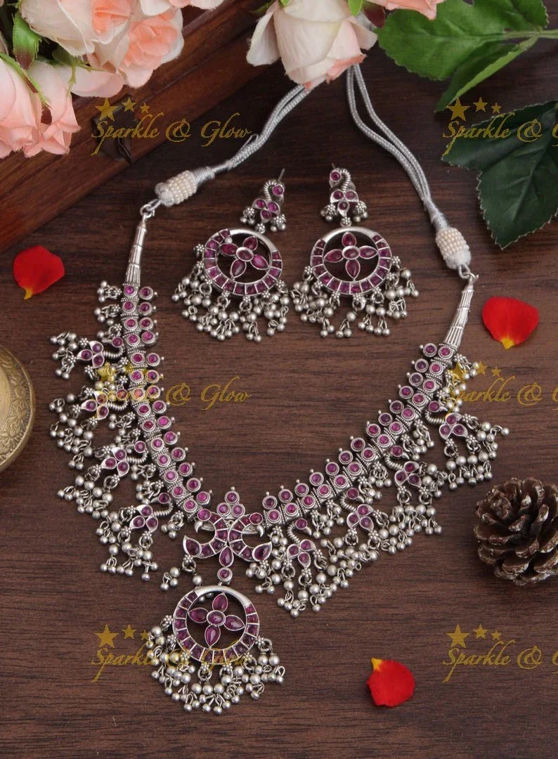 Premium matte silver beads gutta pusalu Short Necklace - Sparkle and Glow