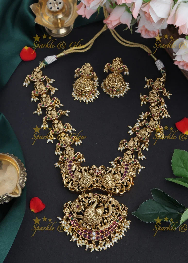 Intricately Carved Peacock Kemp Stone Rice Pearl Necklace - Sparkle and Glow