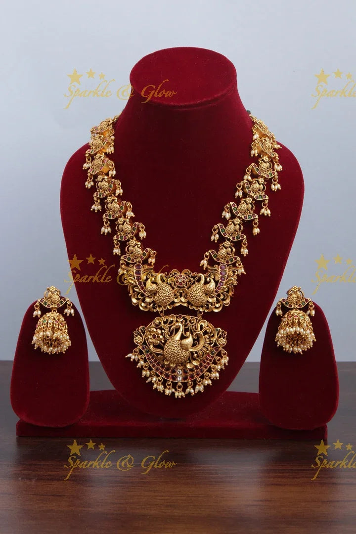 Intricately Carved Peacock Kemp Stone Rice Pearl Necklace - Sparkle and Glow