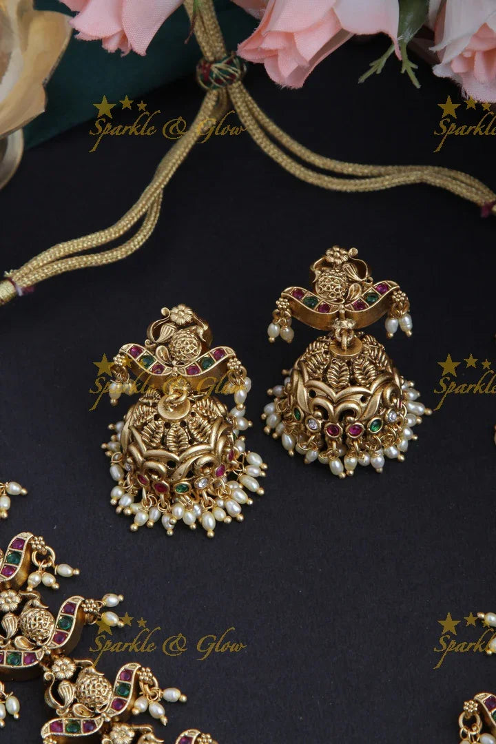 Intricately Carved Peacock Kemp Stone Rice Pearl Necklace - Sparkle and Glow