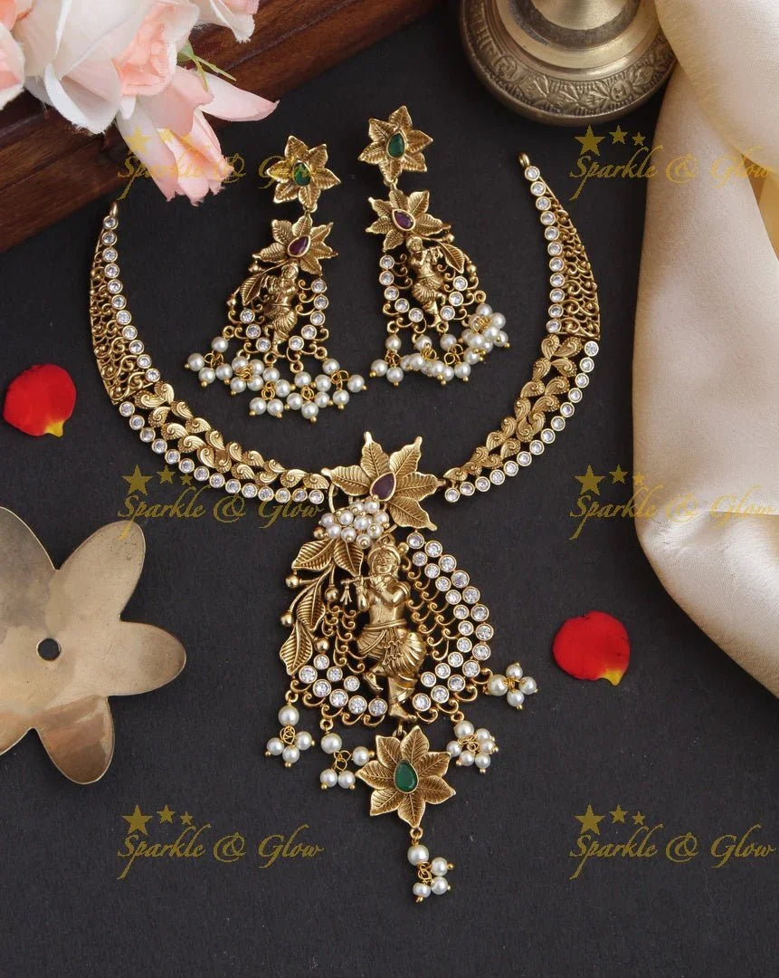 Intricately Carved Krishna Pendent Floral Stone Necklace - Sparkle and Glow