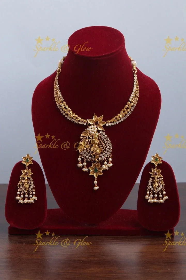 Intricately Carved Krishna Pendent Floral Stone Necklace - Sparkle and Glow