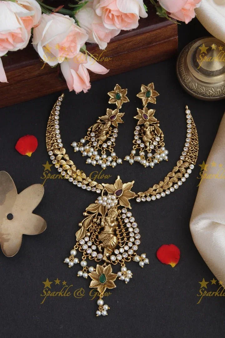 Intricately Carved Krishna Pendent Floral Stone Necklace - Sparkle and Glow