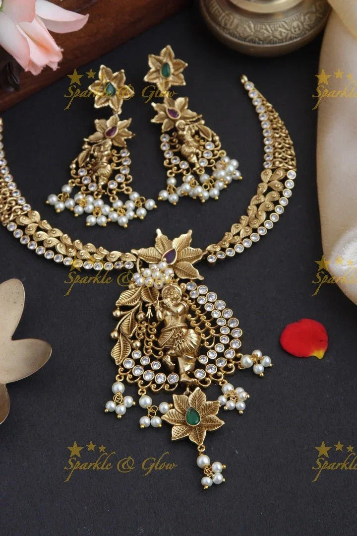 Intricately Carved Krishna Pendent Floral Stone Necklace - Sparkle and Glow