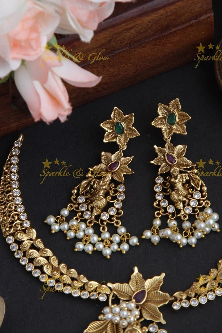 Intricately Carved Krishna Pendent Floral Stone Necklace - Sparkle and Glow