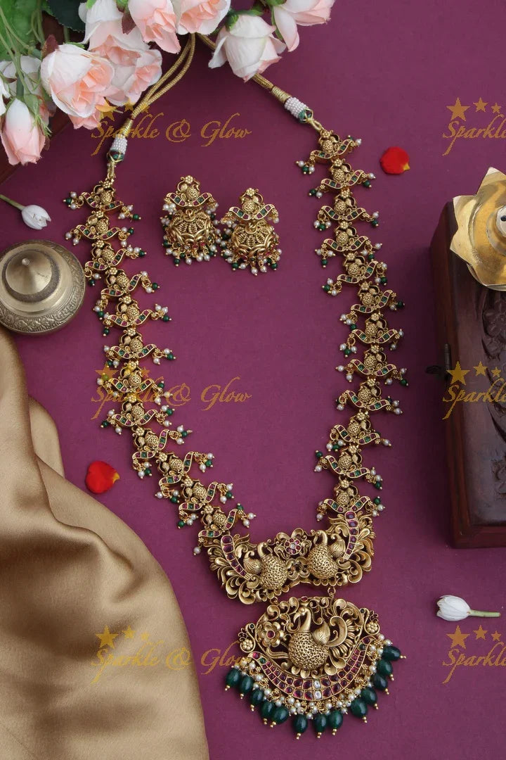 Intricately Carved Peacock Kemp Stone rice pearl Long Necklace - Sparkle and Glow