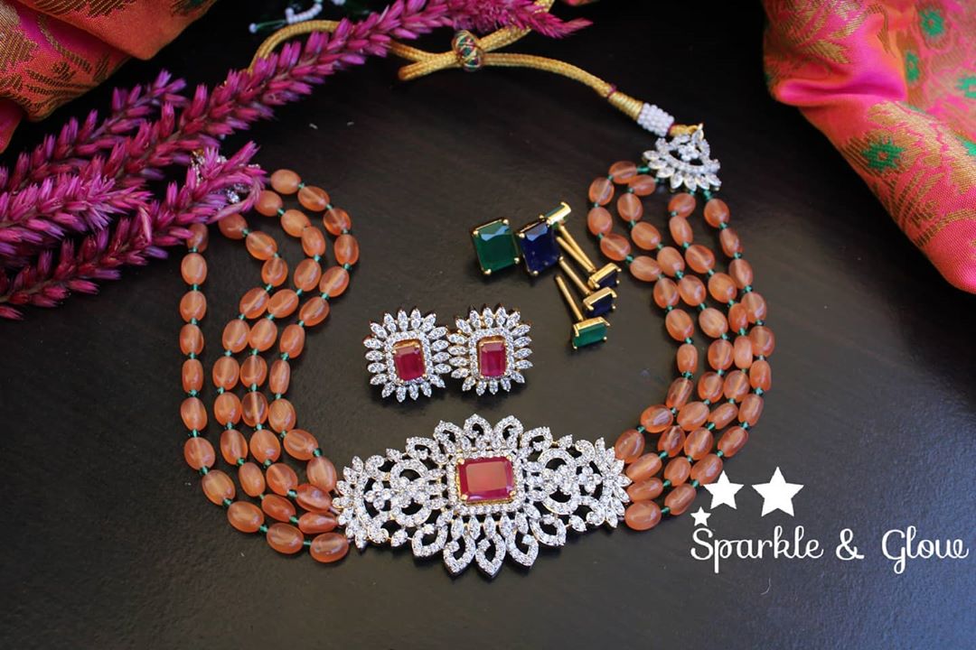 Semi precious beads AD white stones changeable stone choker - Orange