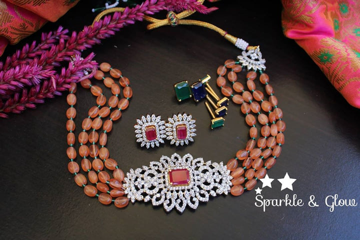 Semi precious beads AD white stones changeable stone choker - Orange
