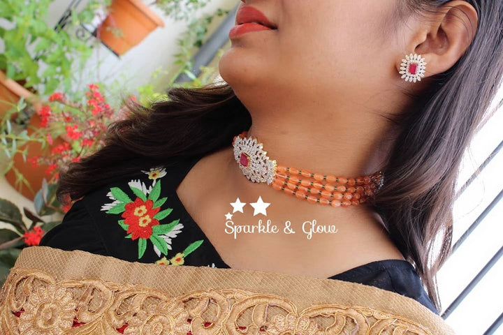 Semi precious beads AD white stones changeable stone choker - Orange