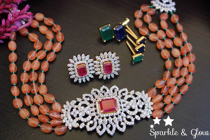 Semi precious beads AD white stones changeable stone choker - Orange