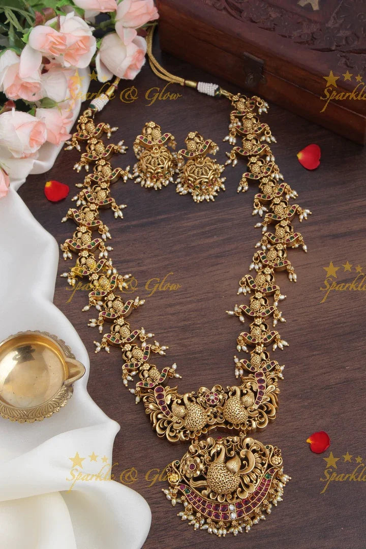 Intricately Carved Peacock Kemp Stone rice pearl Long Necklace - Sparkle and Glow