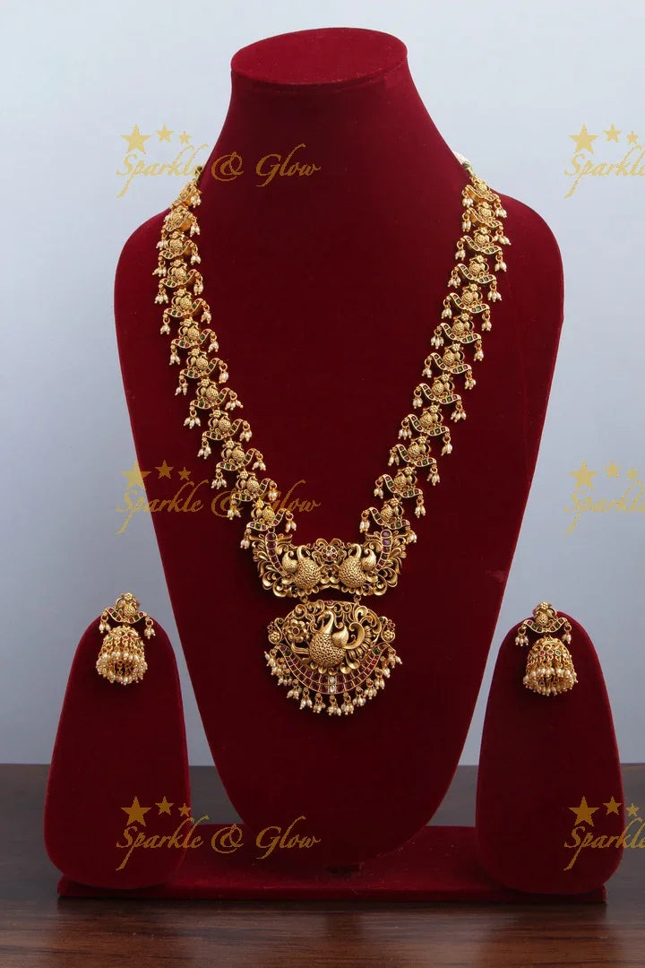 Intricately Carved Peacock Kemp Stone rice pearl Long Necklace - Sparkle and Glow