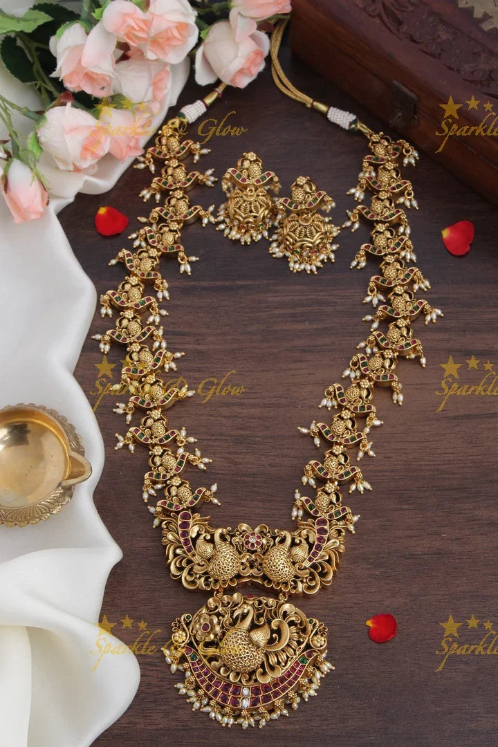 Intricately Carved Peacock Kemp Stone rice pearl Long Necklace - Sparkle and Glow