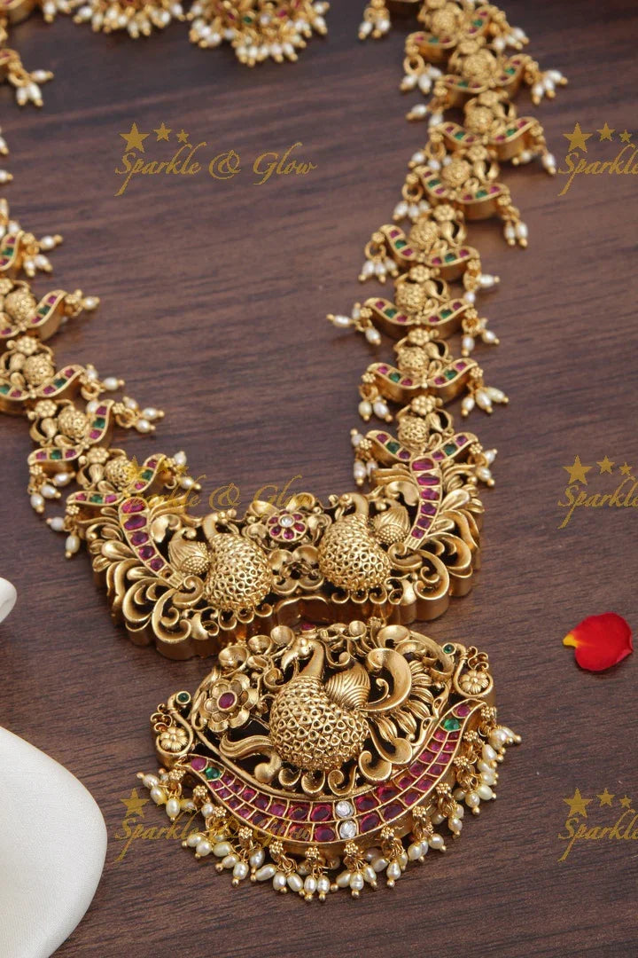 Intricately Carved Peacock Kemp Stone rice pearl Long Necklace - Sparkle and Glow