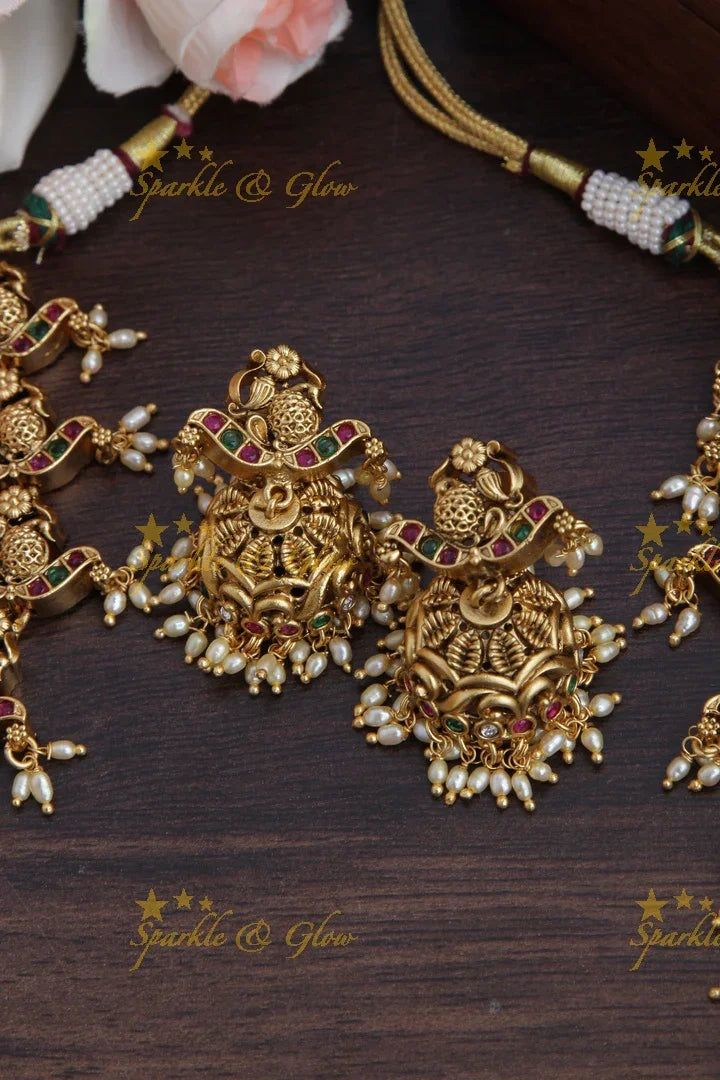 Intricately Carved Peacock Kemp Stone rice pearl Long Necklace - Sparkle and Glow