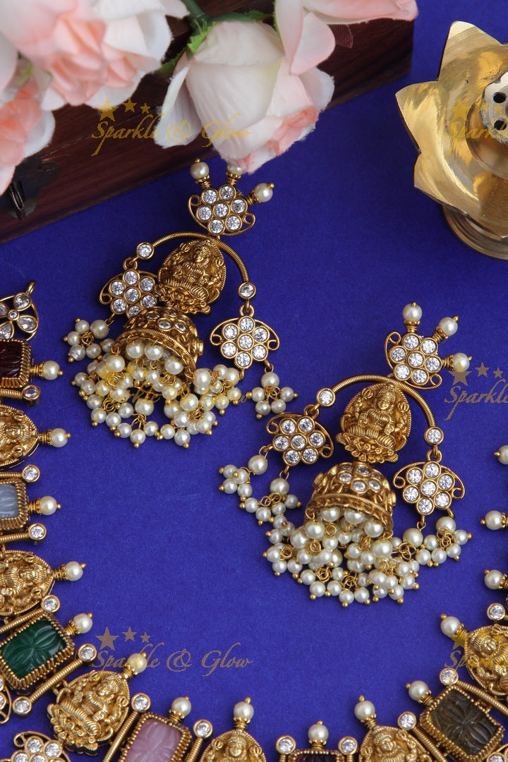Gold alike premium navarathna carving stone Lakshmi Floral gutta pusalu Necklace