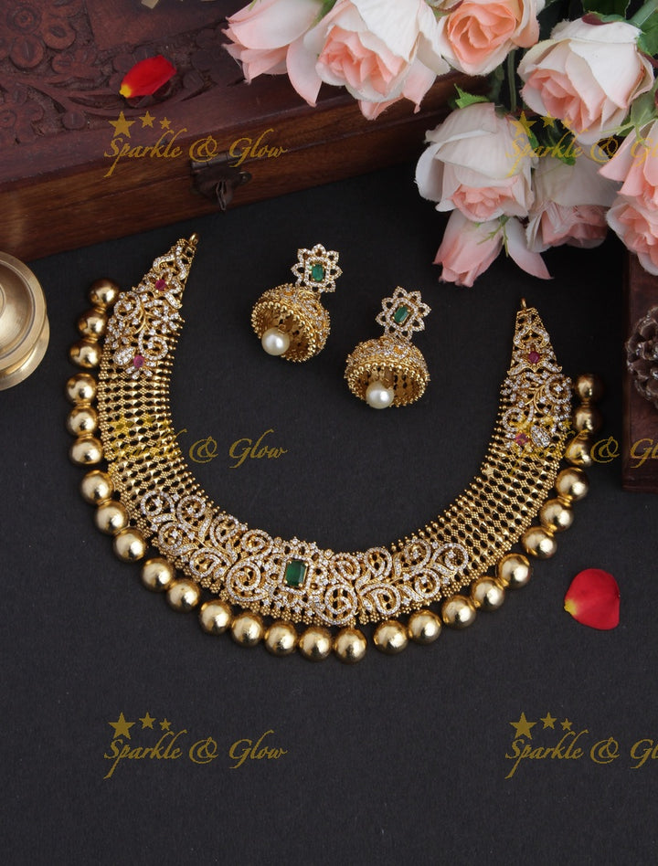 Beautiful Gold alike AD Stone Short Necklace