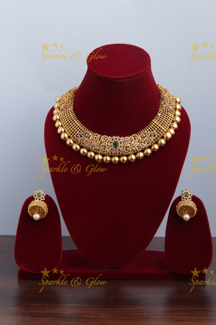 Beautiful Gold alike AD Stone Short Necklace