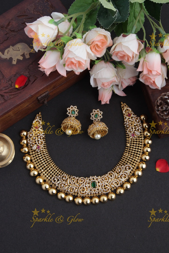 Beautiful Gold alike AD Stone Short Necklace
