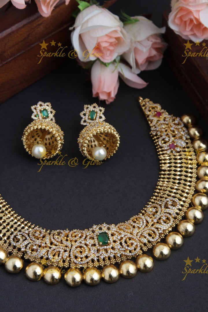 Beautiful Gold alike AD Stone Short Necklace