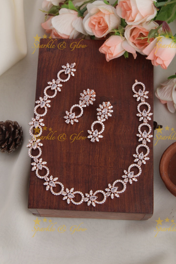 Rose Gold AD Stone Floral Necklace
