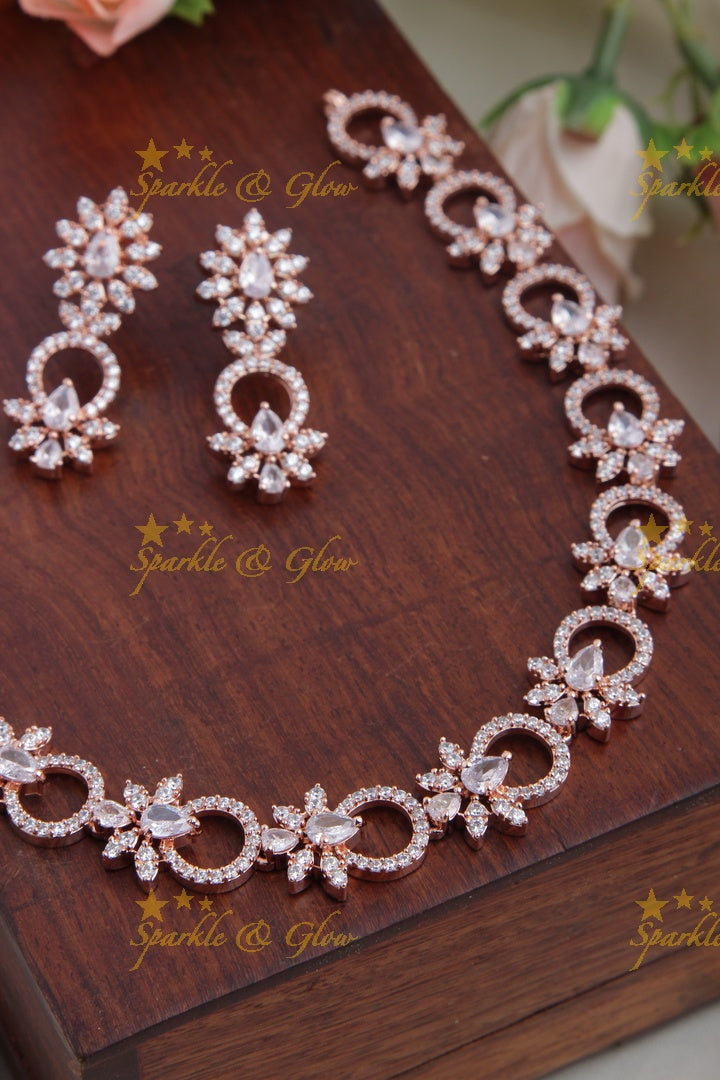 Rose Gold AD Stone Floral Necklace