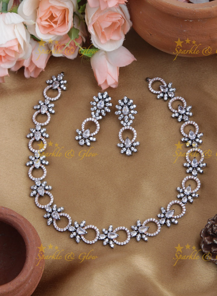 Black and Rose Gold AD Stone Floral Necklace