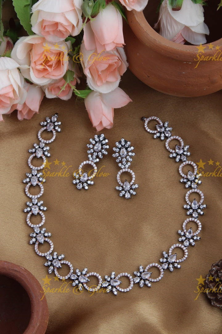 Black and Rose Gold AD Stone Floral Necklace