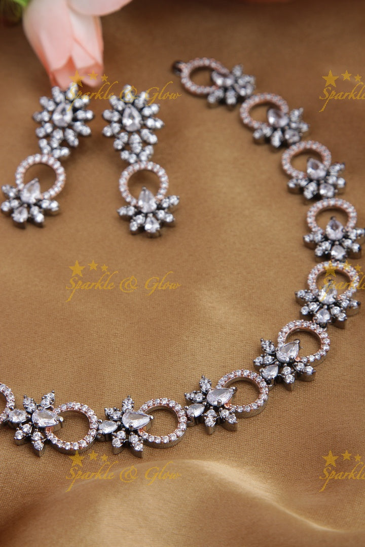 Black and Rose Gold AD Stone Floral Necklace