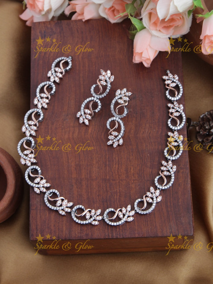 Black and Rose Gold AD Stone Leaf Necklace
