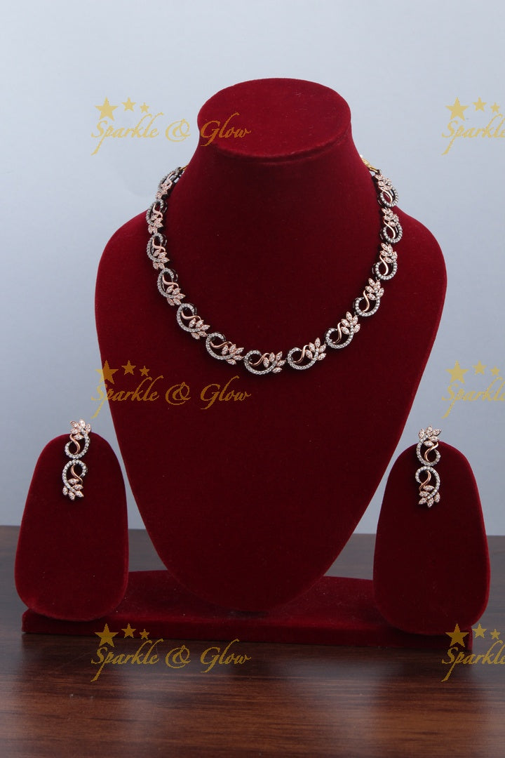 Black and Rose Gold AD Stone Leaf Necklace