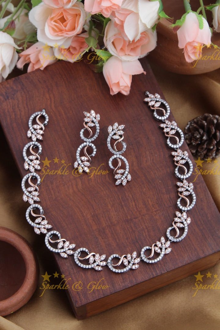 Black and Rose Gold AD Stone Leaf Necklace