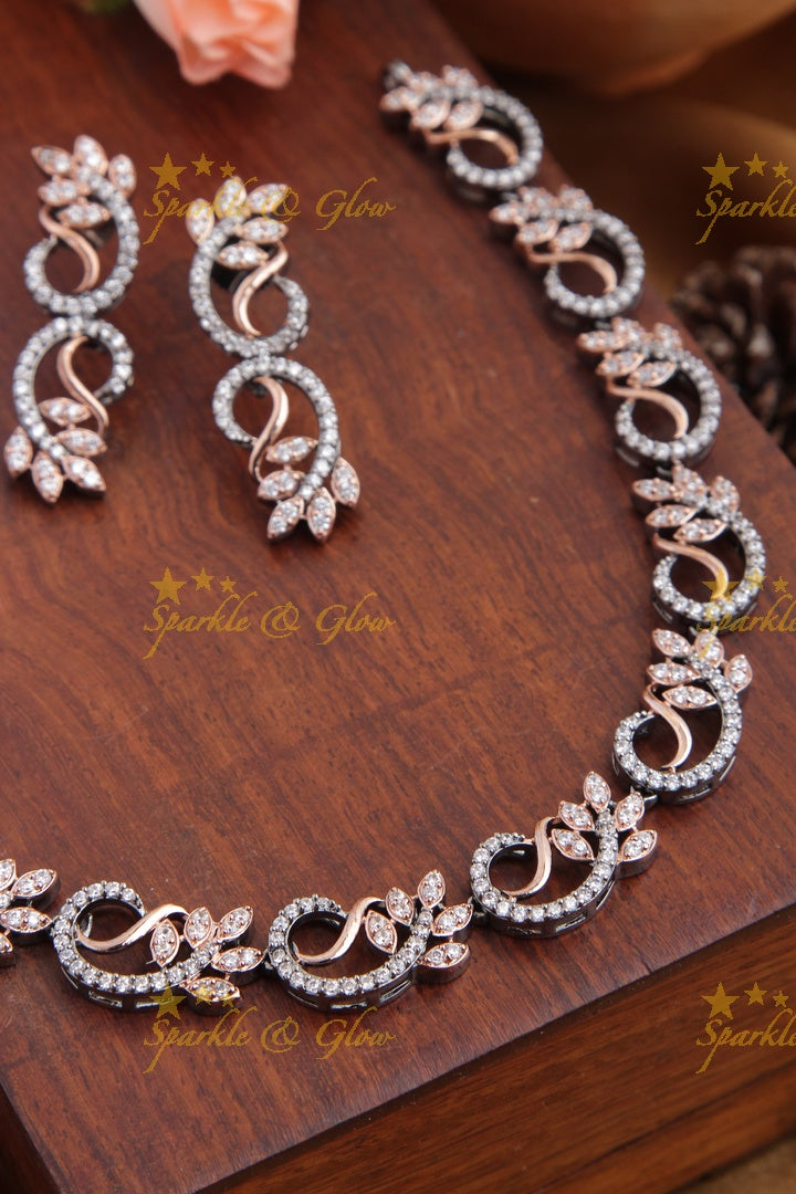 Black and Rose Gold AD Stone Leaf Necklace