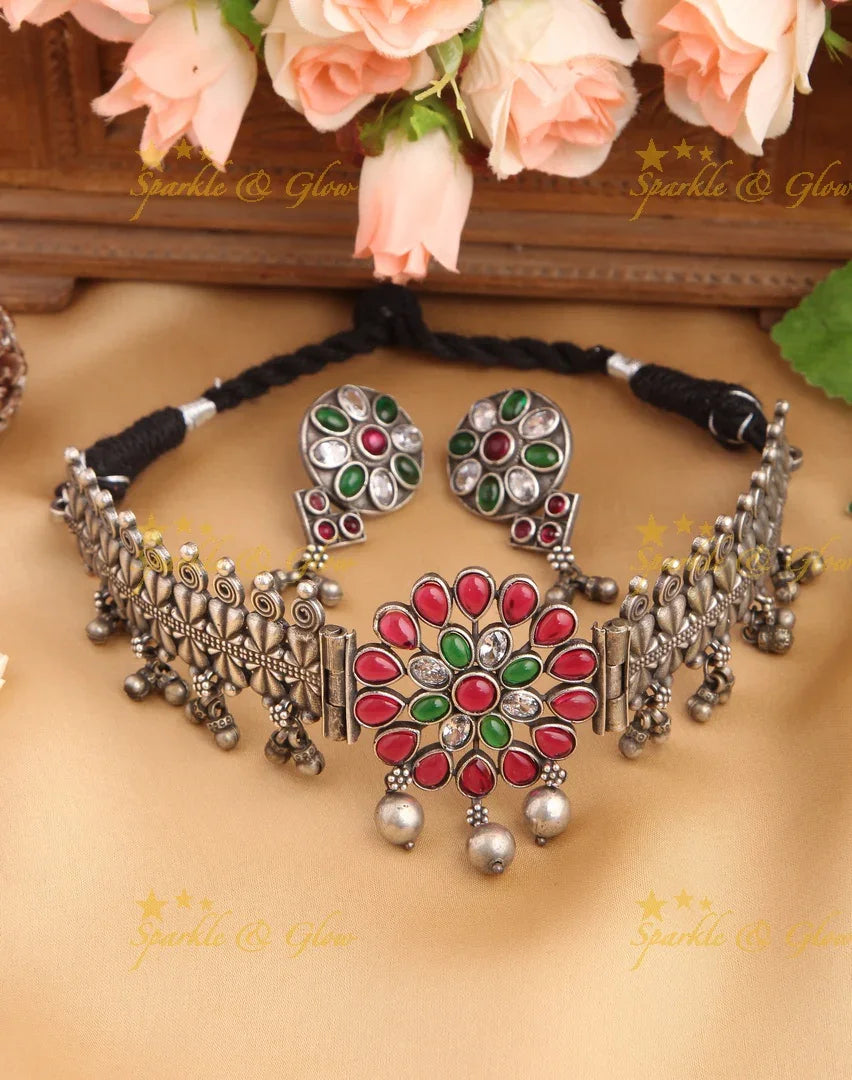 Silver look alike Floral High Neck Choker - Multi - Sparkle and Glow