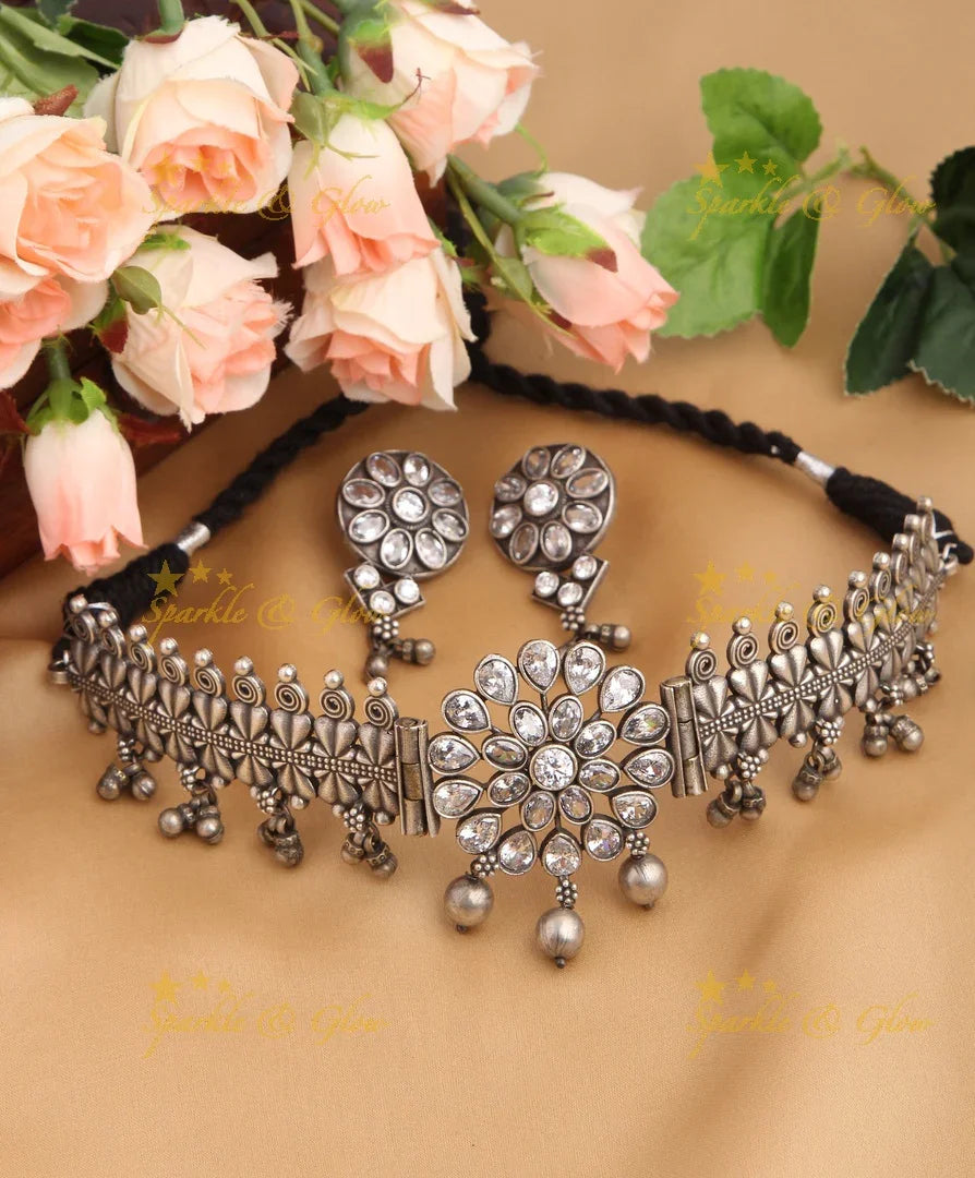 Silver look alike Floral High Neck Choker - Multi - Sparkle and Glow
